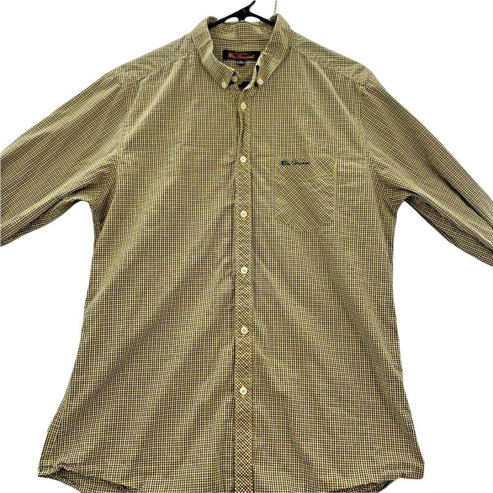 Ben Sherman Mens XL Long Sleeve Button Down Yellow Gold & Blue Plaid Shirt